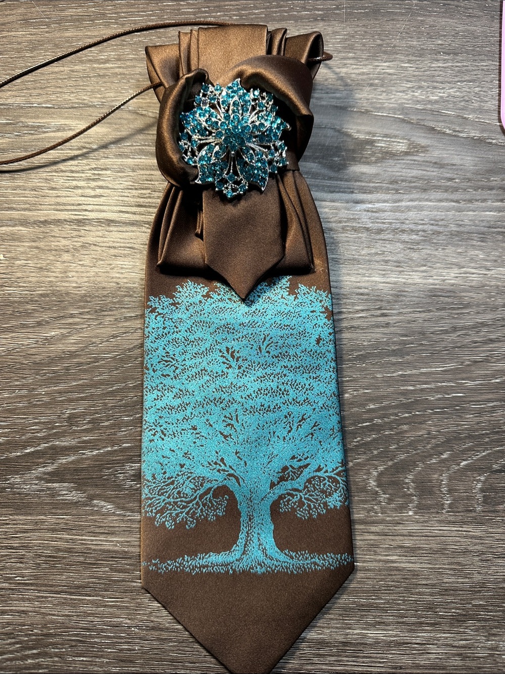 Brown Silk Decorative NecklaceTie with Turquoise Tree Motif and Turquoise Brooch